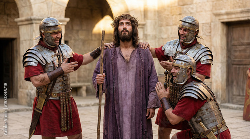 Medium close-up of Roman soldiers mocking Jesus with a crown of thorns, classical biblical scene, Trial and Passion of Christ.