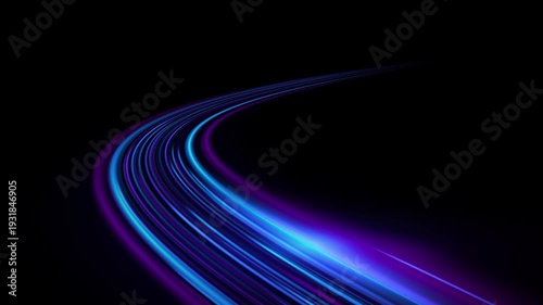 Futuristic blue pink neon laser lines flow along urban road light effect. Glowing speed motion trails, energy waves wind, and swirling lines abstract high-speed