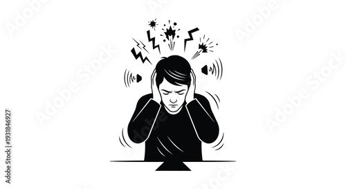 A person overwhelmed by noise and stress hands covering ears depicted in a stark black silhouette high quality professional detailed modern
