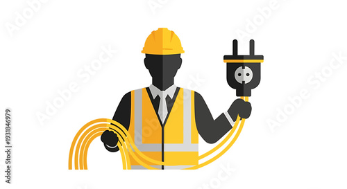 Electrician with Plug and Cable. Vector Illustrations. EPS Editable