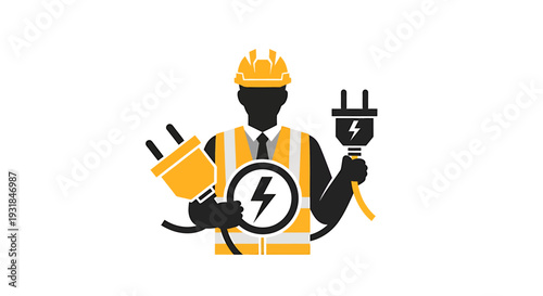 Electrician Worker Holding Plug and Socket. Vector Illustrations. EPS Editable