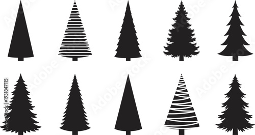 Black silhouette Christmas tree collection various pine fir shapes simple striped wrapped ribbon textured conical evergreens, holiday winter vector illustration for festive decor designs logos