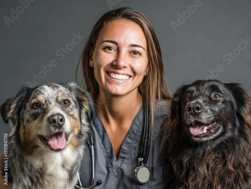 Happy woman, portrait and veterinarian with dog for animal checkup, visit or healthcare. ai generated