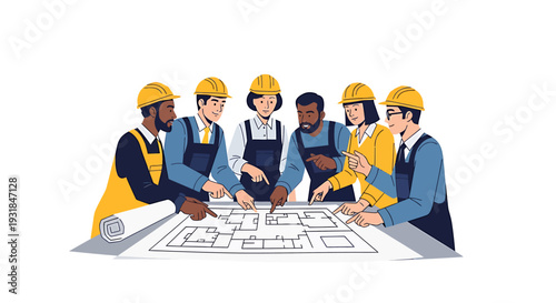 Diverse construction team collaborating on blueprints at a table. Vector Illustrations. EPS Editable