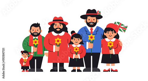 Diverse Family Members Celebrating Cultural Heritage. Vector Illustrations. EPS Editable