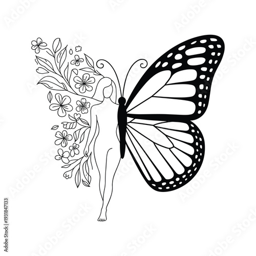 Foto Artistic butterfly transformation fusion of feminine form and floral elements in