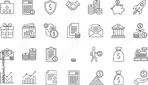 Finance and banking line icon set with money, calculator, coins, investment, growth chart, payment, savings, business agreement and financial management symbols vector illustration