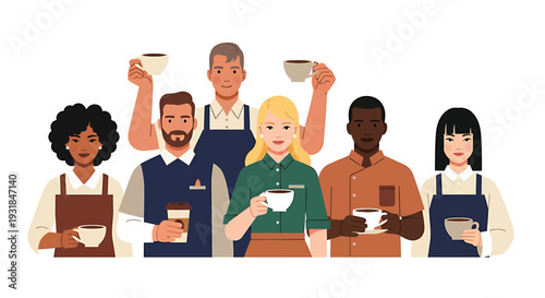 Diverse Group of Baristas Serving Coffee. Vector Illustrations. EPS Editable