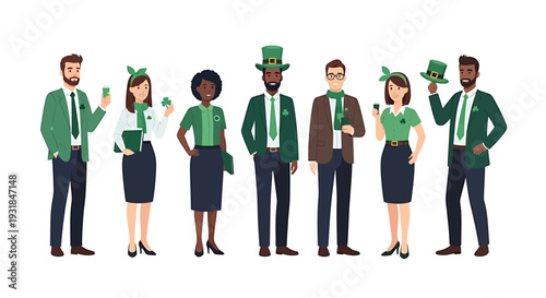 Diverse Group Celebrating Saint Patricks Day. Vector Illustrations. EPS Editable