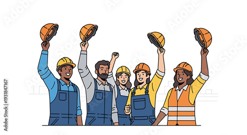 Diverse Group of Construction Workers Celebrating Success. Vector Illustrations. EPS Editable