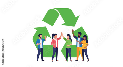 Diverse group of people celebrating around a large green recycling symbol. Vector Illustrations. EPS Editable