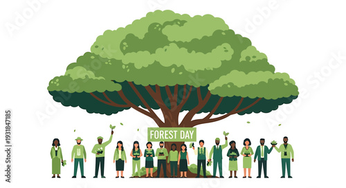 Diverse Group of People Celebrating Earth Day with a Large Tree. Vector Illustrations. EPS Editable