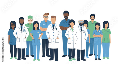Diverse Group of Medical Professionals Standing Together 1. Vector Illustrations. EPS Editable