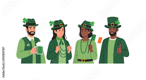 Diverse Group of People Celebrating St Patricks Day in Green Attire. Vector Illustrations. EPS Editable