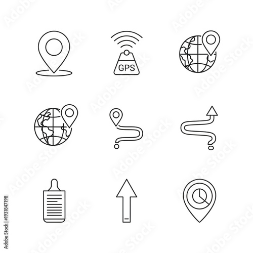Navigation and map line icons for geolocation and travel design