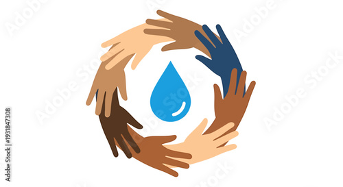Diverse Hands Unite Around Water Drop Symbolizing Global Unity and Conservation. Vector Illustrations. EPS Editable