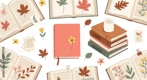 Autumn Reading Journal Collection with Open Books Pressed Leaves Cozy Candle and Botanical Pages Vector Illustration