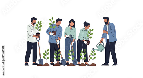 Diverse Group Planting Trees Together Outdoors. Vector Illustrations. EPS Editable