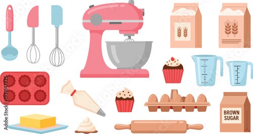 Baking Tools and Ingredients Collection with Stand Mixer Cupcakes Flour Eggs and Kitchen Utensils Vector Illustration