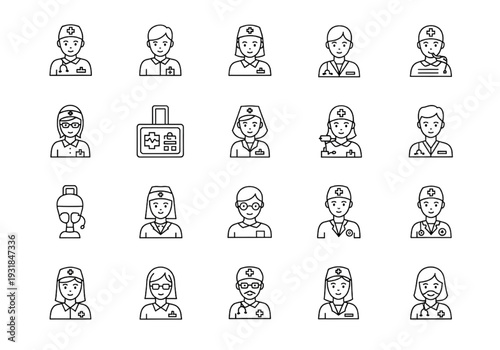 Medical staff line icon set for doctor nurse and healthcare UI
