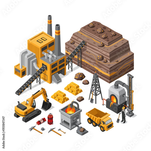 Isometric Mining and Metallurgy Industry with Factory and Equipment.