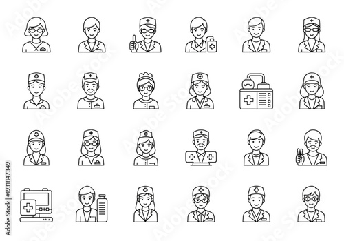 Medical staff line icon set for doctor nurse and healthcare UI
