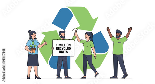 Diverse Team Celebrates 1 Million Recycled Units Milestone with Recycling Symbol. Vector Illustrations. EPS Editable