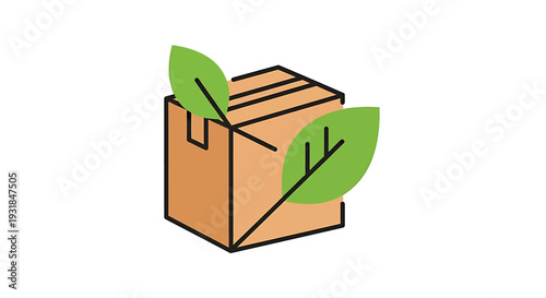 Ecofriendly Packaging Concept with Green Leaves and Cardboard Box. Vector Illustrations. EPS Editable