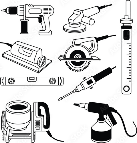 Black silhouette vector illustration of construction and workshop tools including drill, saw, sander, soldering iron, planer, screwdriver, cement mixer, spray gun
