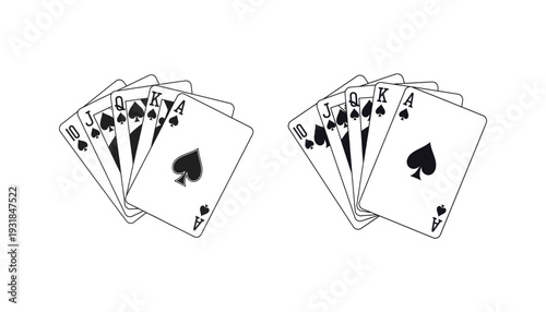 Two fanned sets of playing cards with spades facing outwards in black and white