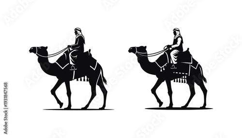 Two camel riders walking side by side in a desert landscape with a clear sky