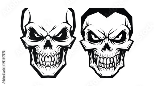 Two angry skull heads with different facial expressions