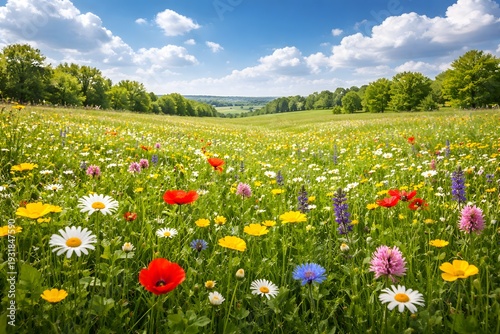A colorful wildflower meadow under a blue sky with summery fair-weather clouds.