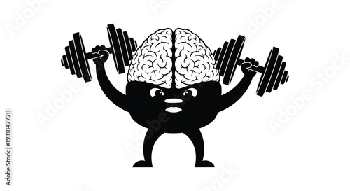 A black silhouette of a brain lifting weights representing mental strength and cognitive exercise silhouette high quality professional detailed modern elegant