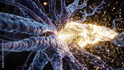 Microscopic Neural Network Firing - This video depicts a microscopic view of a neural network synapse firing. Electrical impulses create energy sparks and a glowing effect.