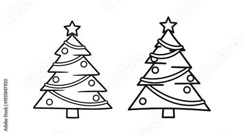 A festive illustration of two decorated christmas trees with stars on top