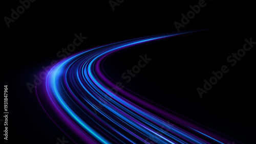 Futuristic blue pink neon laser lines flow along urban road light effect. Glowing speed motion trails, energy waves wind, and swirling lines abstract high-speed