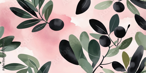 Elegant Olive Branch Botanical Pattern with Black Olives and Soft Pink Watercolour Background – Minimal Nature Illustration.