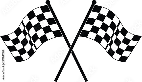 Black silhouette vector illustration of crossed checkered racing flags, iconic motorsport symbol, finish line design, competitive auto racing decorative graphic artwork