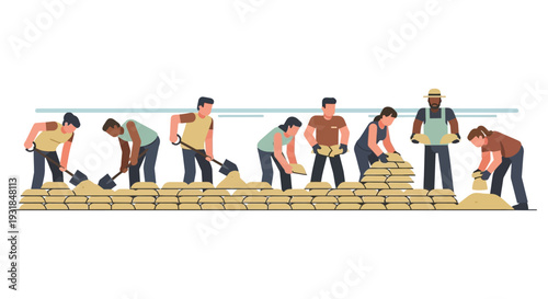 A group of workers collaboratively filling sandbags to create a barrier depicted in a flat silhouette high quality professional detailed modern