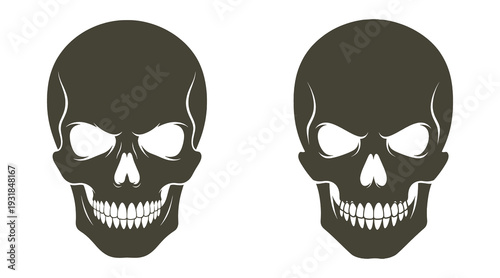 Two black and white skulls facing forward with menacing grins and empty eye sockets on a plain white background illustration