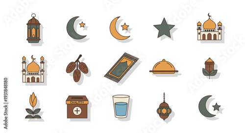 Islamic Religious Icons. Vector set for Ramadan and Eid Mubarak. Features mosque, crescent, lantern, prayer mat, dates, and cultural symbols for celebrations