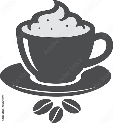 A delightful illustration of a steaming cup of coffee with coffee beans and a saucer