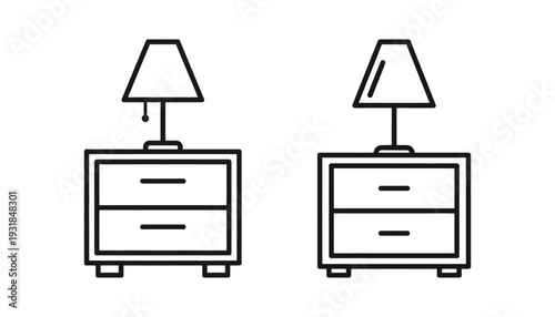 A line drawing of two identical nightstands with lamps on top of them in a simple minimalist style for furniture design or catalog purposes