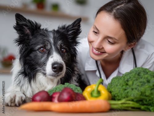 Pet nutritionist choosing food for a dog, sitting with a dog smiling. AI generated