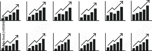 Financial growth chart line icon set with bar graphs and upward arrows for business analytics and profit increase
