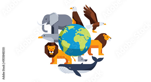 Endangered Animals Surrounding the Earth. Vector Illustrations. EPS Editable