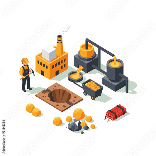 Isometric Mining and Metallurgy Industry with Worker and Equipment.