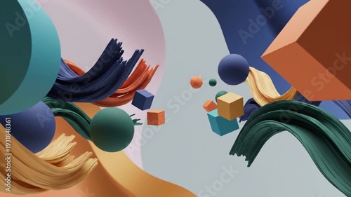 A vibrant abstract composition with flowing shapes and geometric forms floating in space