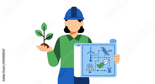 Engineer holding plant and blueprint for ecofriendly project. Vector Illustrations. EPS Editable